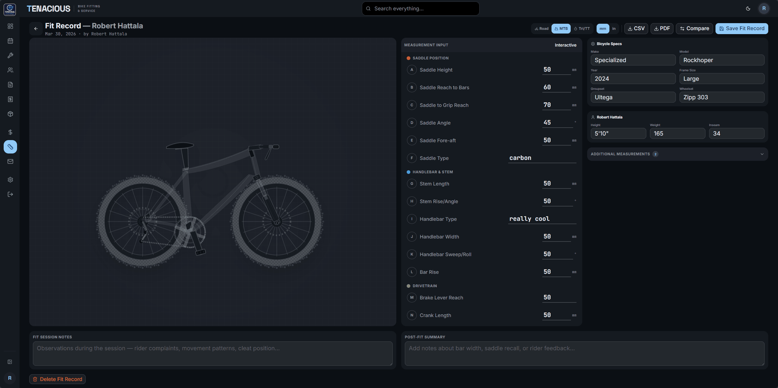 Bike fit record with 14+ measurement points, interactive diagram, and bicycle specs