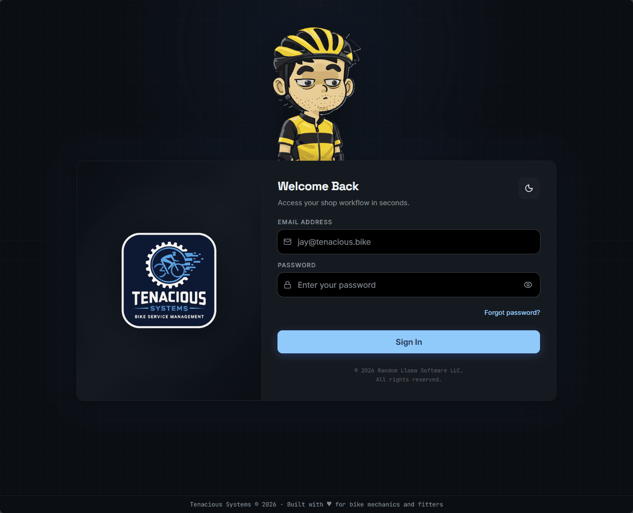 Tenacious Systems branded login page with mascot character and dark theme